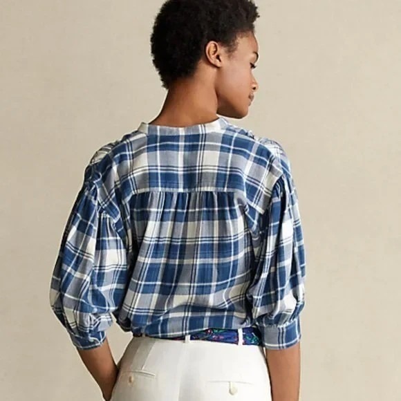 POLO RALPH LAUREN Dian Blue/White Plaid Women's Medium 3/4 Puff Sleeves Shirt - Picture 3 of 16